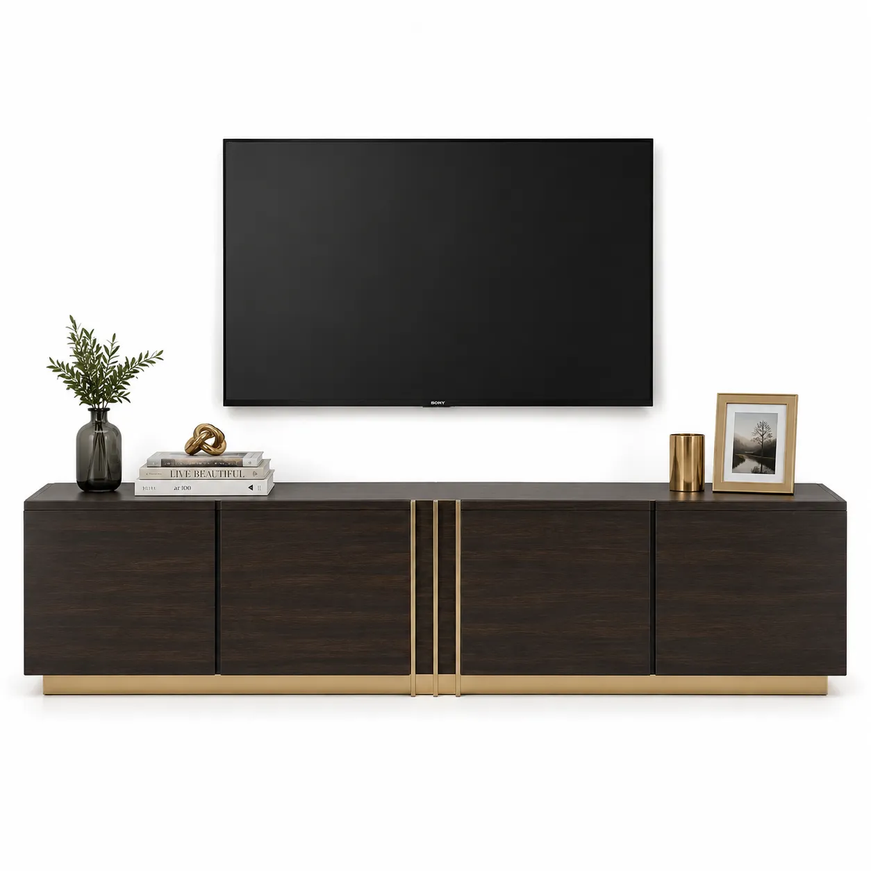 Dark Wood Gold Accent TV Cabinet