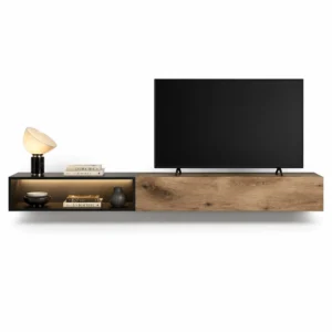 Wood & Black Glass Wall TV Unit