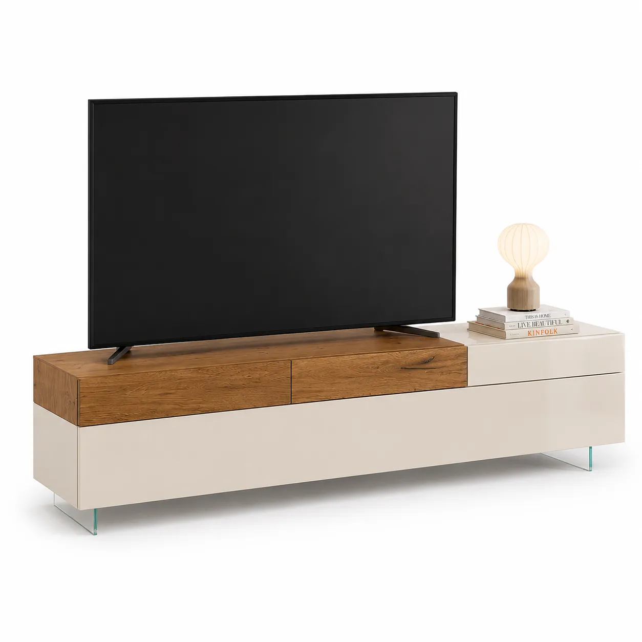 Beige & Rustic Wood TV Unit