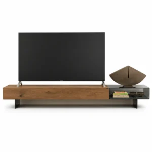 Natural Wood Black Glass TV Cabinet