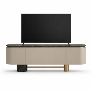 Beige Rounded Black Marble TV Unit