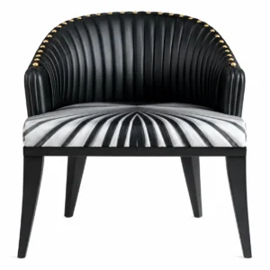 Pleated Black Leather Barrel-Back Dining Chair