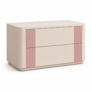 Oshara modern minimalist nightstand with cream finish and pink fluted drawer accents
