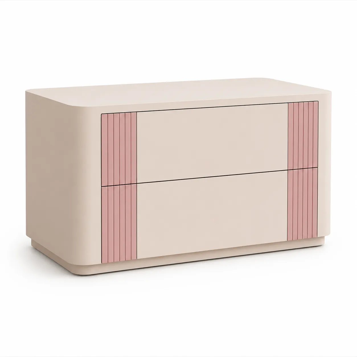 Oshara modern minimalist nightstand with cream finish and pink fluted drawer accents
