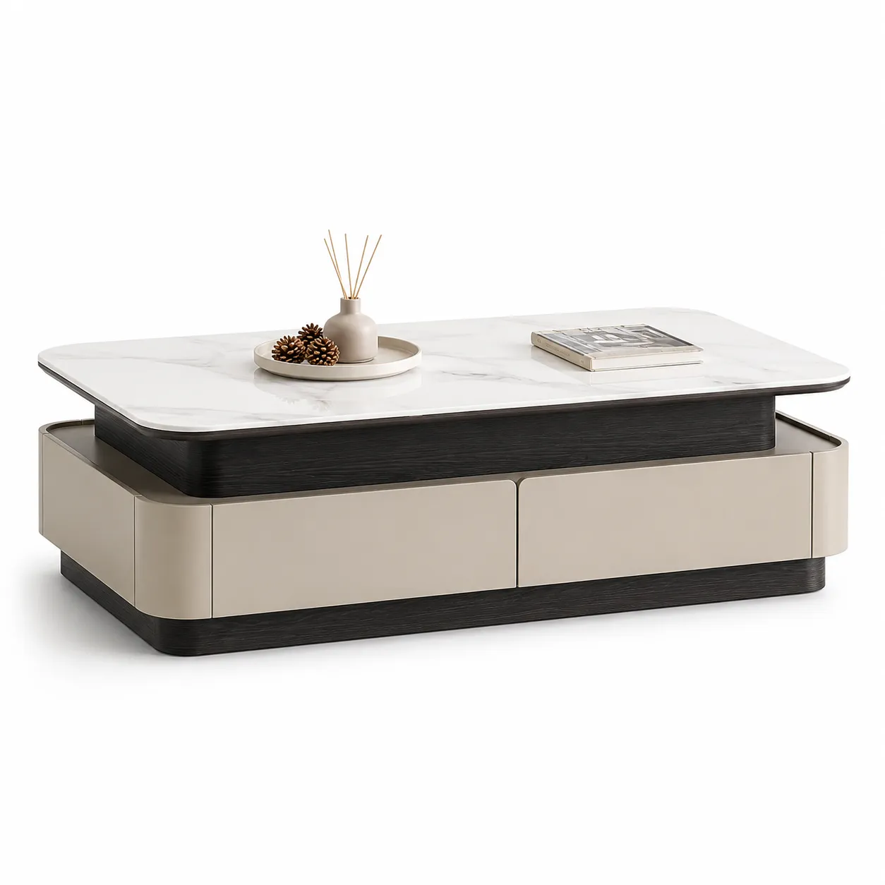 VALO Modern White Marble Top Center Table with Storage Drawers