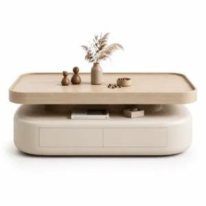 LORA Curved Japandi Light Oak Center Table with Drawers