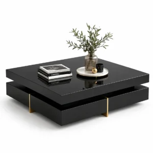 NOIR High Gloss Piano Black Square Center Table with Brass Gold Accents