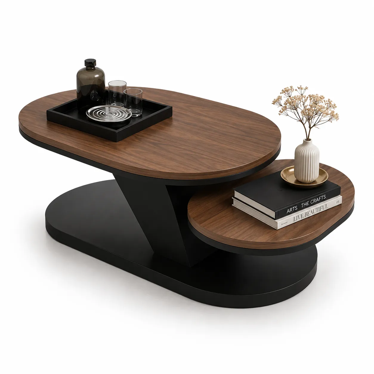 AXIS Architectural Dual Tier Oval Walnut Center Table with Black Base