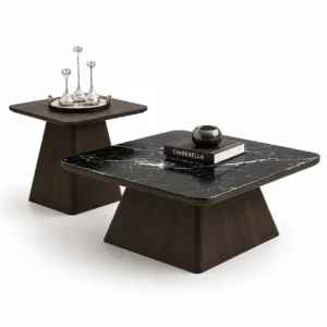 MARQ Black Marble Top Square Center Table Set with Tall Side Table and Espresso Base