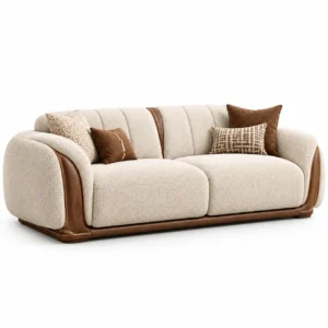 Aura luxury cream textured 3 seater sofa with curved walnut wood trim and designer cushions