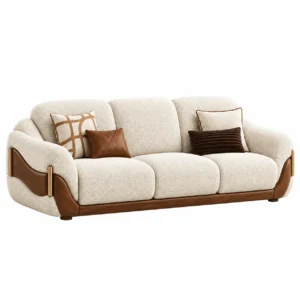 Elvaro luxury cream 3 seater sofa with curved wood side panels and designer cushions