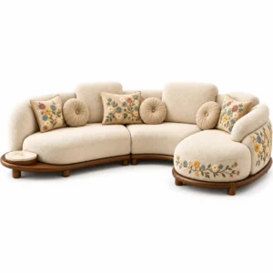 Elysia luxury cream curved sectional sofa with colorful floral embroidery and integrated marble tray
