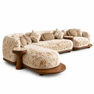 Elysian luxury cream embroidered sectional sofa with integrated marble side table
