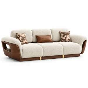 Elysis luxury cream textured 3 seater sofa with hollow wooden arms and gold base accents