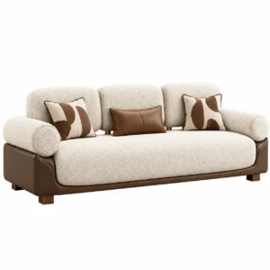 Evarino luxury dual tone 3 seater sofa with cream textured fabric and brown leatherette base