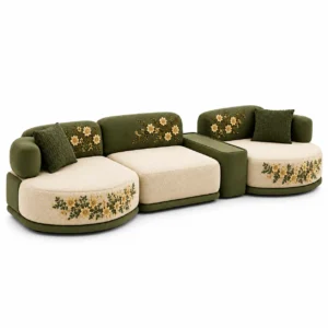 Fiorella luxury olive green and cream floral embroidered modular sectional sofa