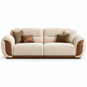 Lucento luxury cream textured 3 seater sofa with brown leatherette arm accents and wooden base