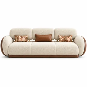 Milano luxury cream textured 3 seater sofa with curved walnut wood trim and leatherette cushion