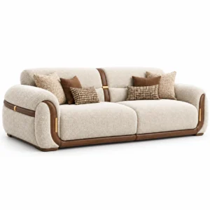 Nexus luxury cream textured 3 seater sofa with walnut wood frame and gold buckle accents