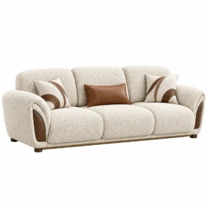 Nurello luxury cream textured 3 seater sofa with brown leatherette arm accents and throw cushions