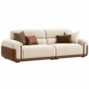 Sereno luxury cream textured 3 seater sofa with walnut wood side panels and designer cushions
