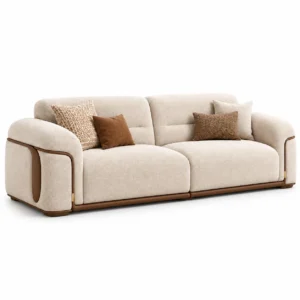 Saviano luxury cream textured 3 seater sofa with walnut wood trim and gold accents