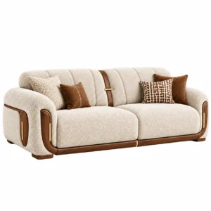 Sorvano luxury cream textured 3 seater sofa with walnut wood trim and gold metallic accents
