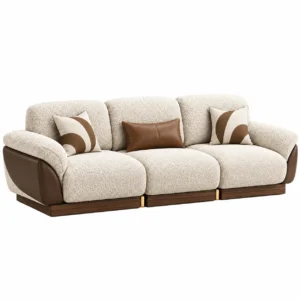 Vareno luxury cream textured 3 seater sofa with dark wood base and leatherette arm panels