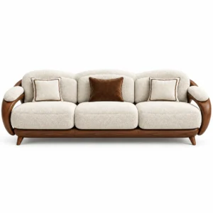 Verona luxury cream textured 3 seater sofa with sculpted walnut wood frame and legs