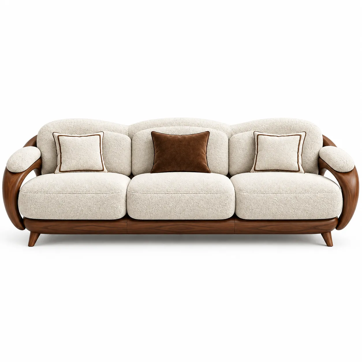 Verona luxury cream textured 3 seater sofa with sculpted walnut wood frame and legs